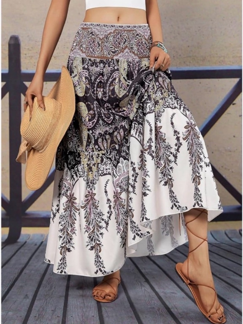 Women's Boho Elastic High Waist Pleated Maxi Paisley Skirt NEW